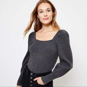 LOFT Gray Ribbed Square Neck Sweater with Puff Sleeves Size XS